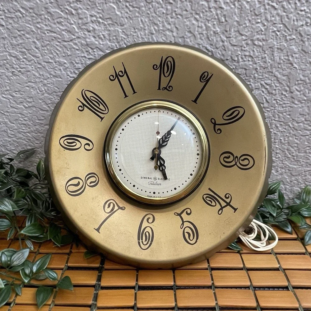 Vintage GE Telechron Electric Wall Clock Metal MCM Gold 1950s WORKING Retro